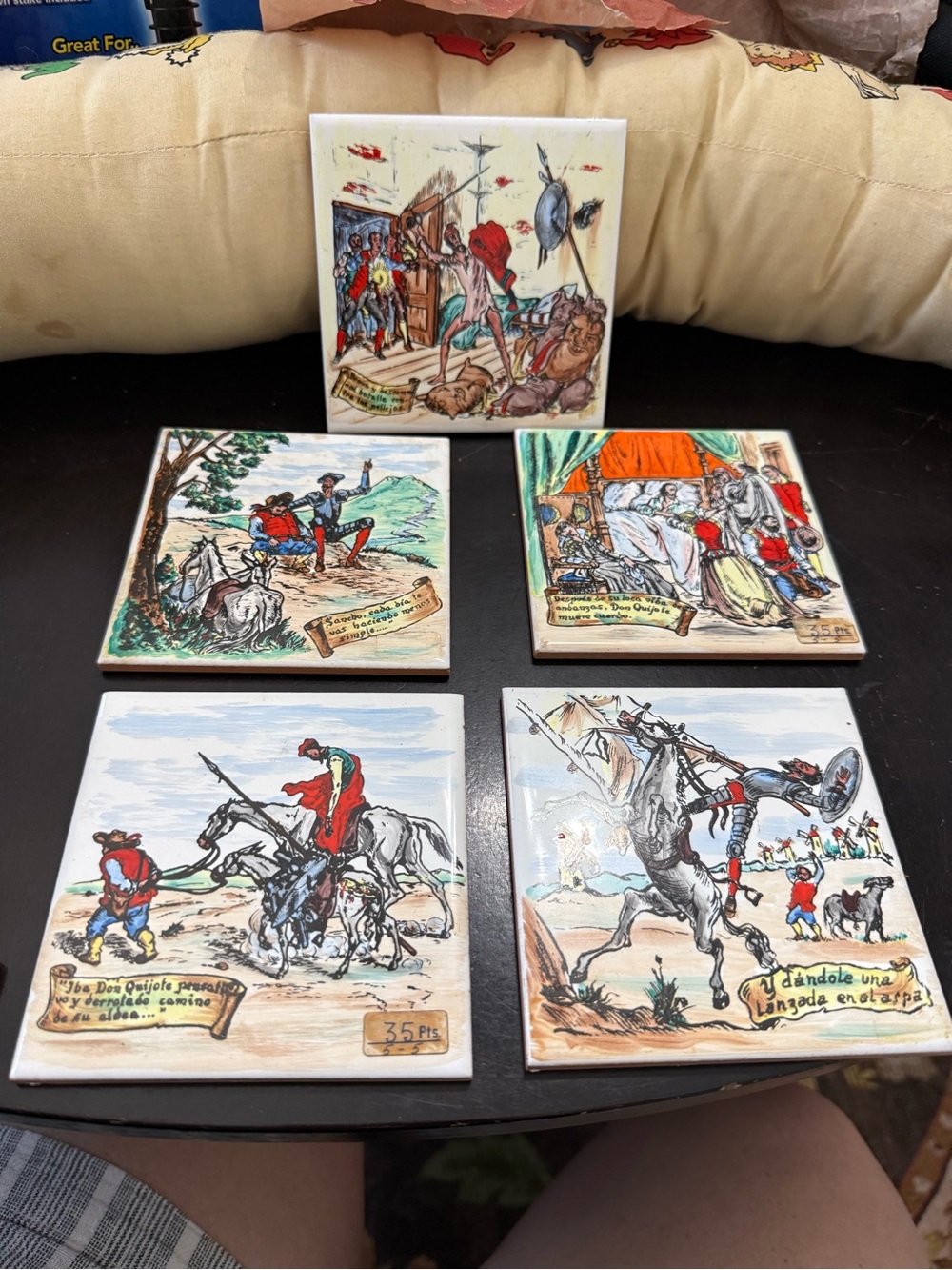 Vtg 5 Hand-Painted Spanish Ceramic Tile Don Quixote Scenes Vibrant Colors